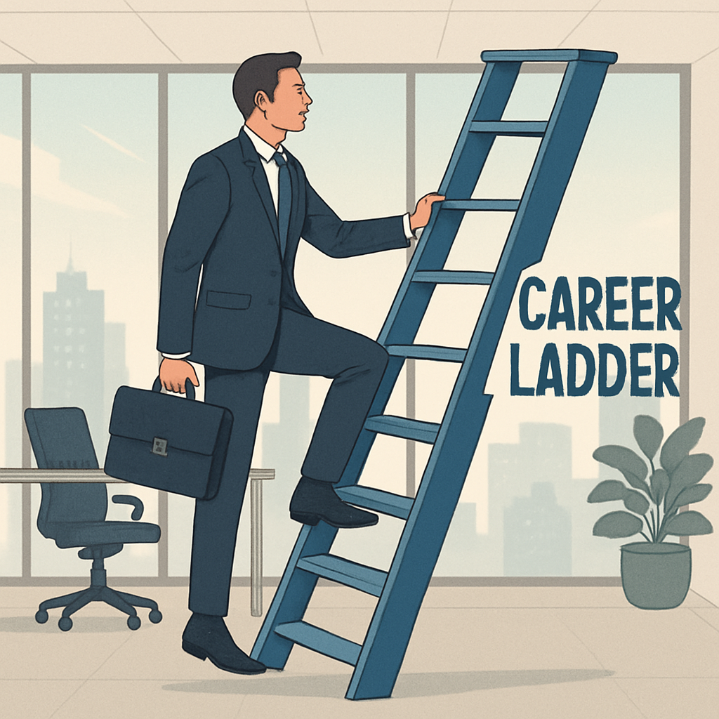 A professional climbing a career ladder in a modern office setting