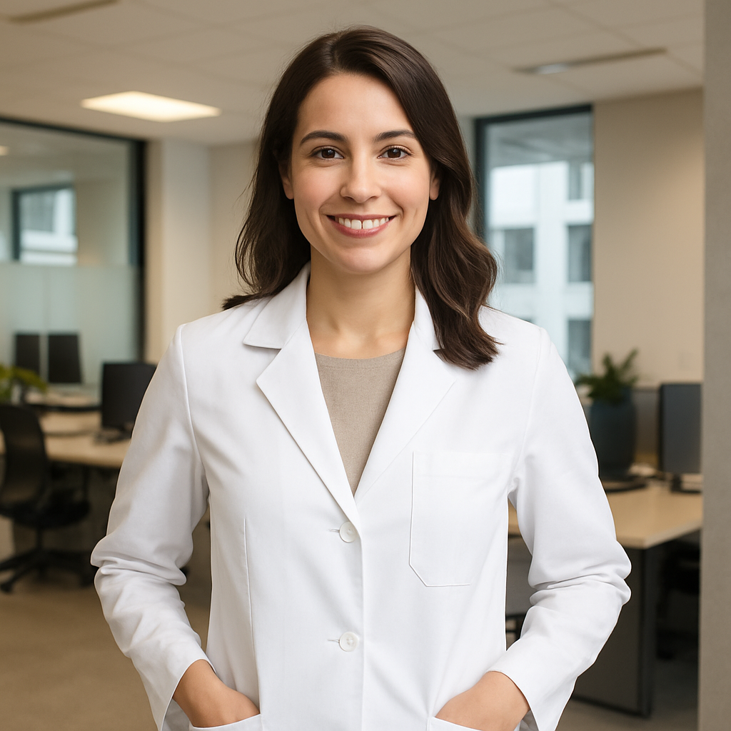 Mulher usando jaleco moderno em ambiente profissional