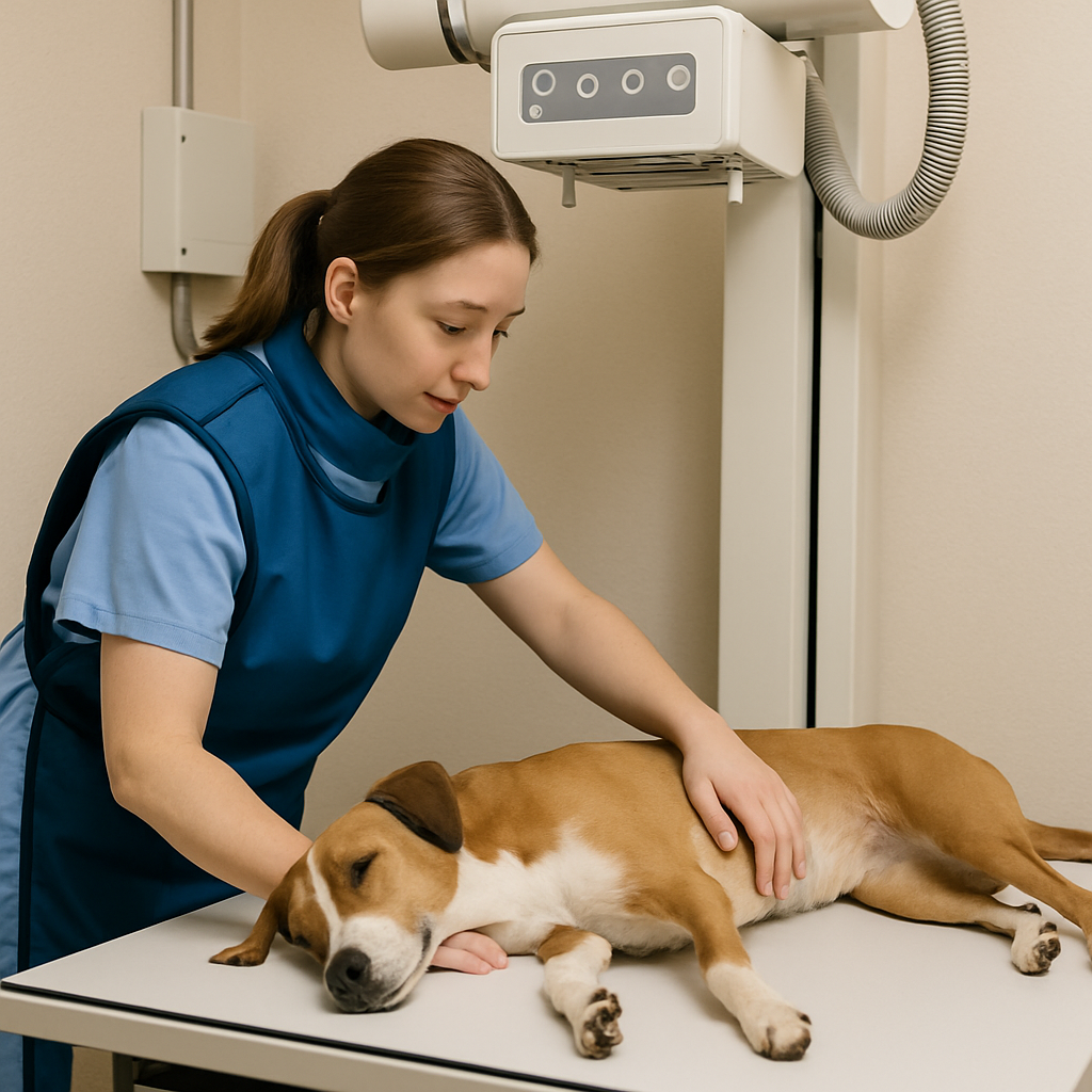 Veterinary technician positioning a dog for an X-ray