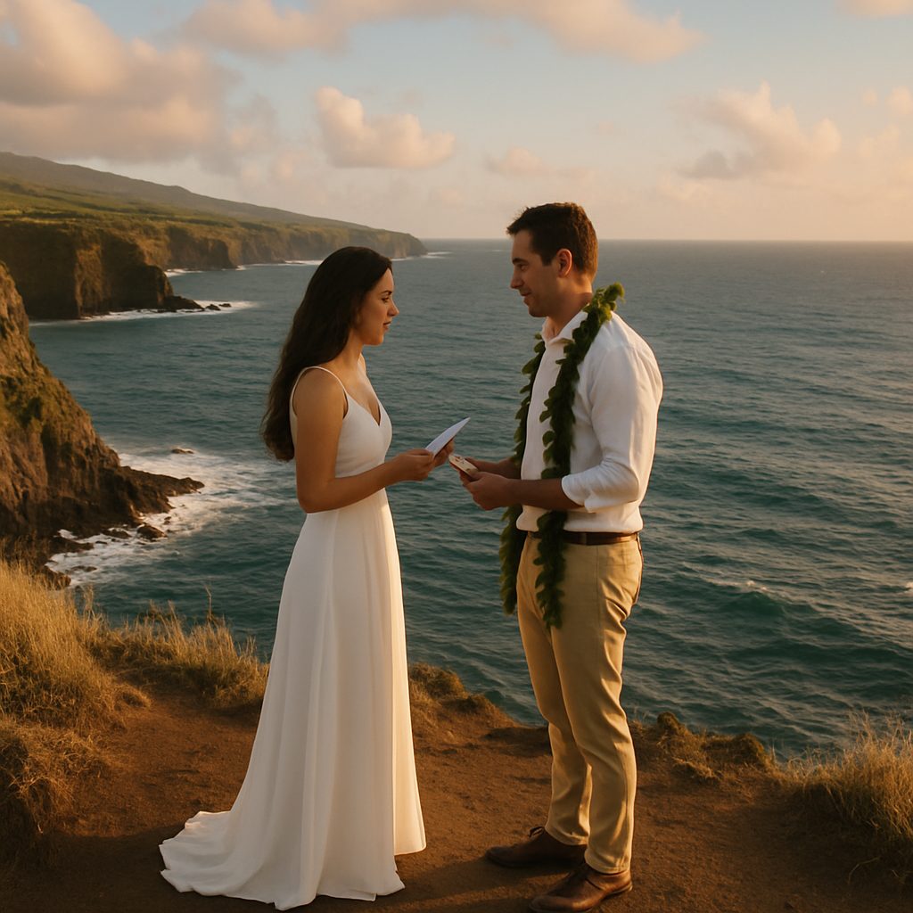A couple exchanging vows on a cliff overlooking the ocean in Maui