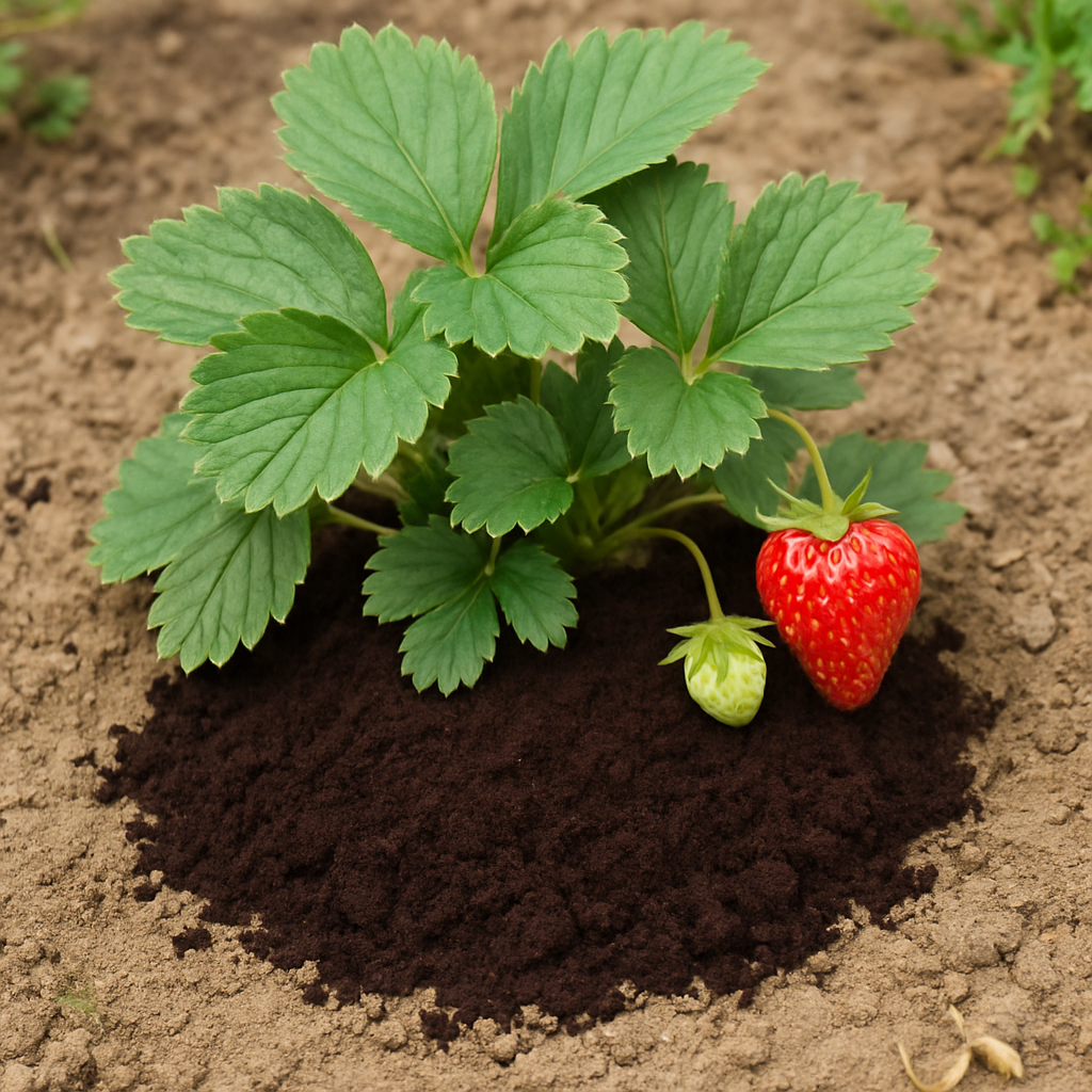 strawberry plant with coffee grounds