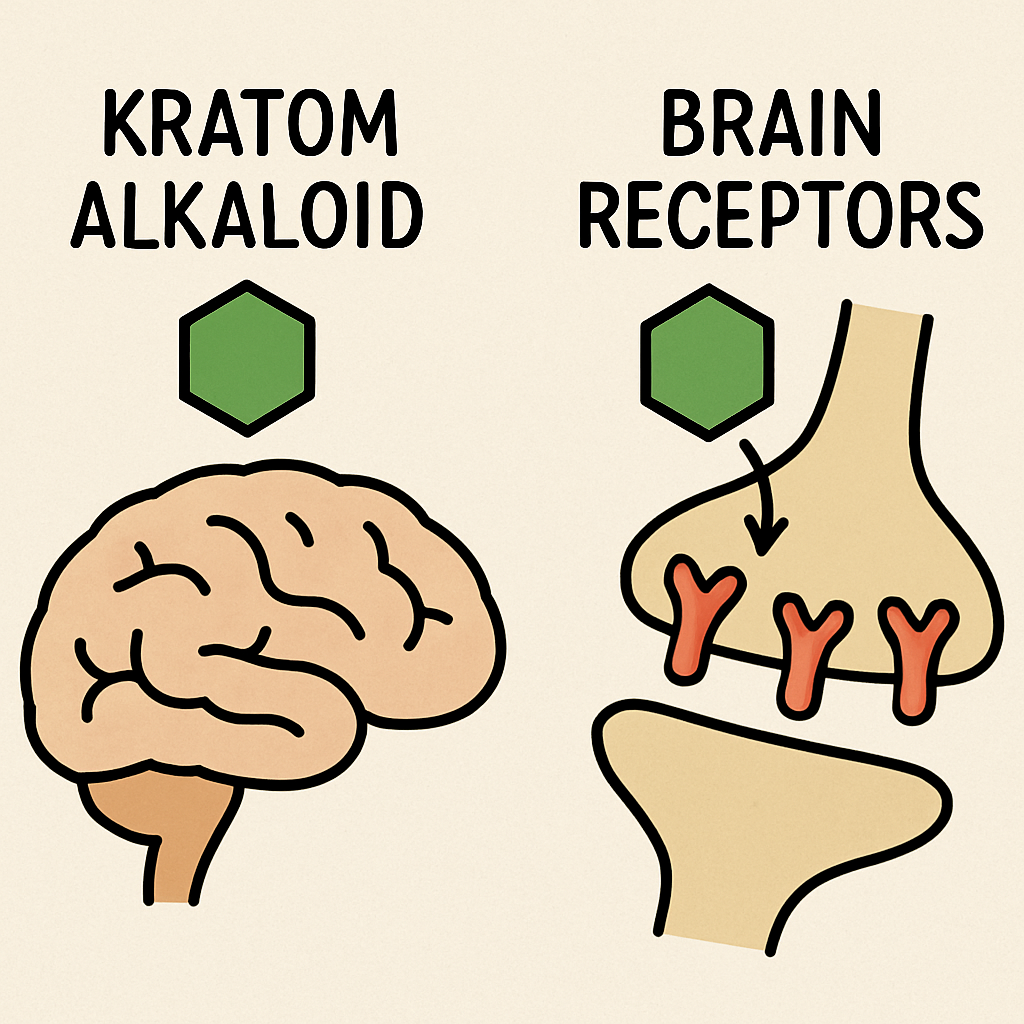 Illustration of kratom alkaloid interacting with brain receptors