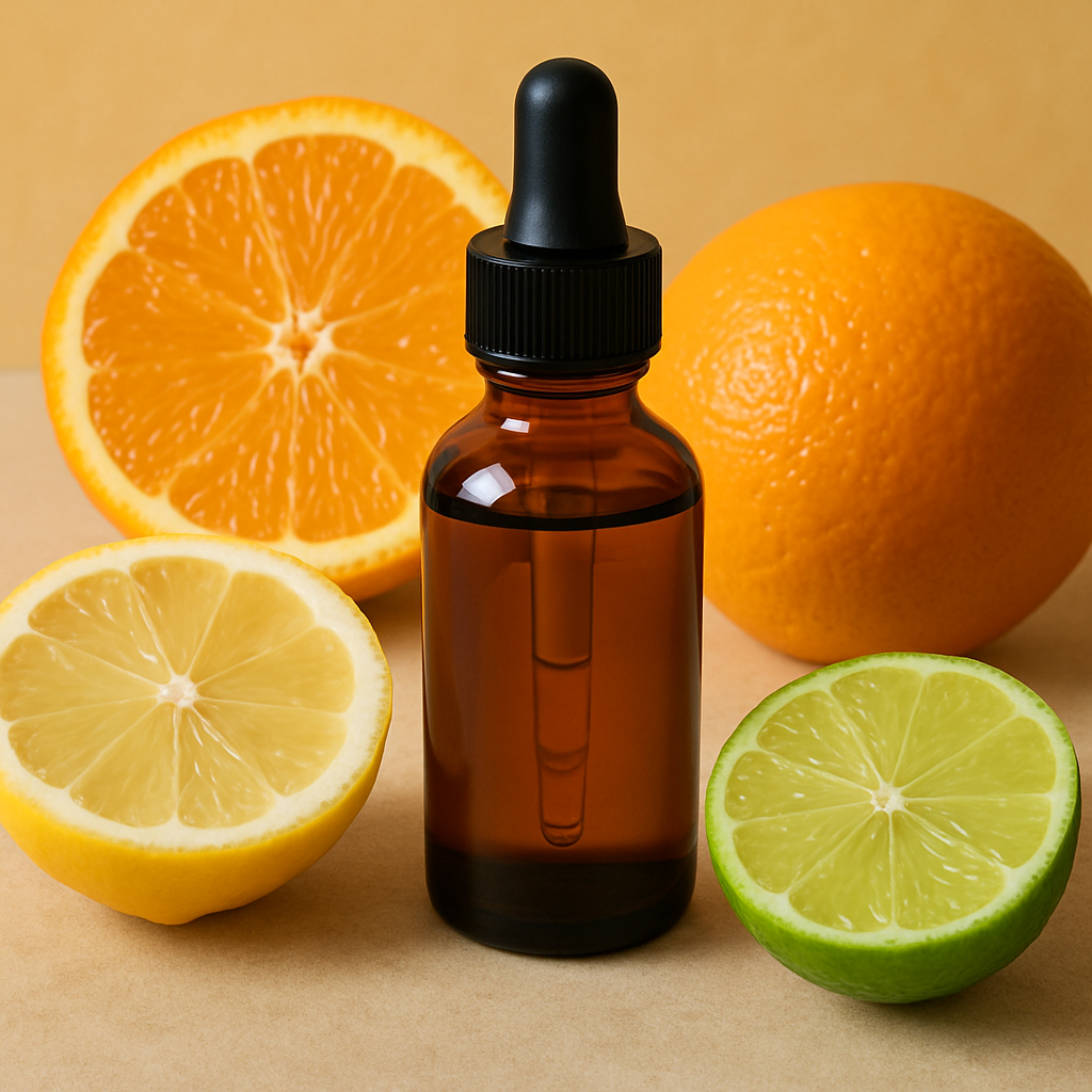 A bottle of vitamin C serum surrounded by citrus fruits