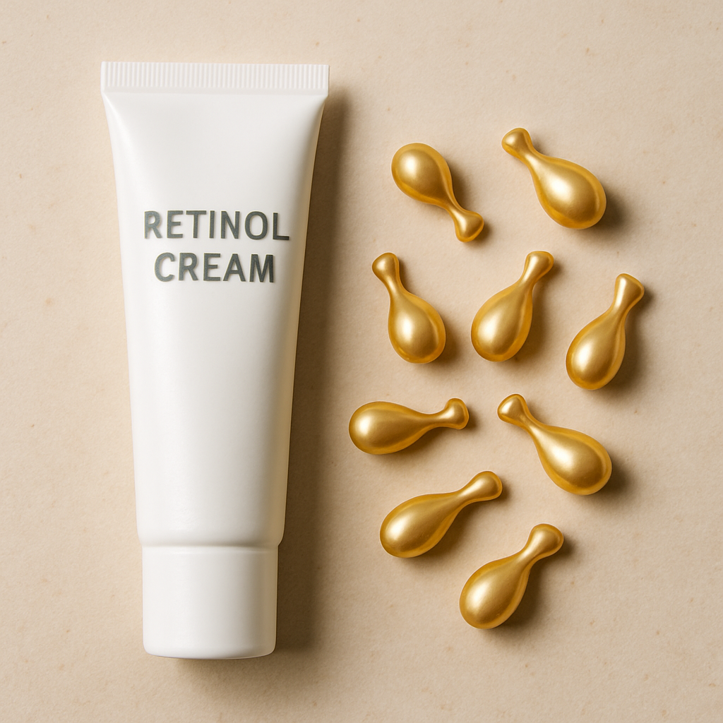 A tube of retinol cream alongside retinol capsules