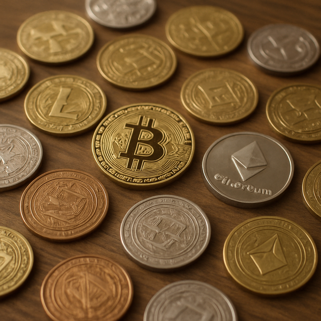 Cryptocurrency coins scattered on a table