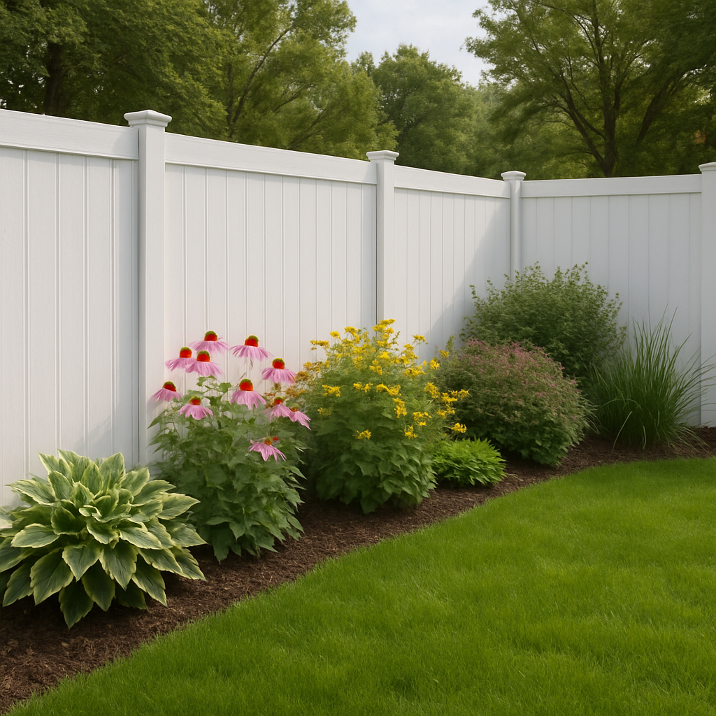 Vinyl privacy fence in a backyard garden