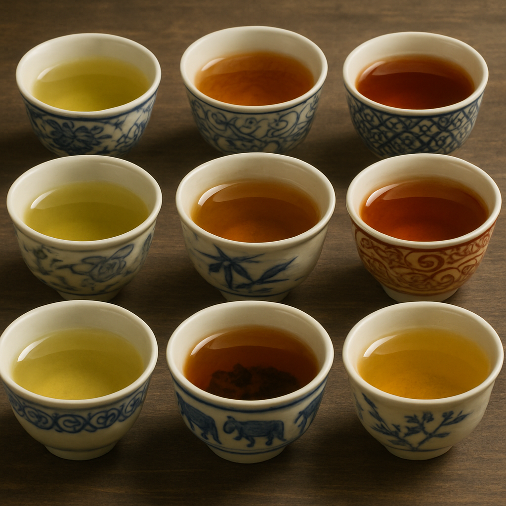 A variety of Chinese teas displayed in traditional teacups