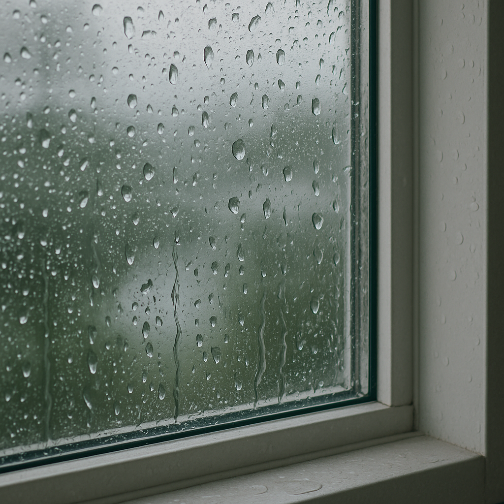 Close-up of an impact window with rain