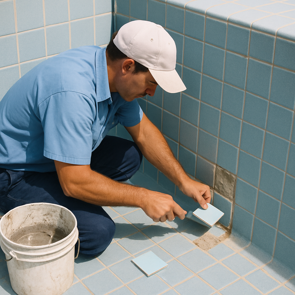 Pool technician repairing tiles