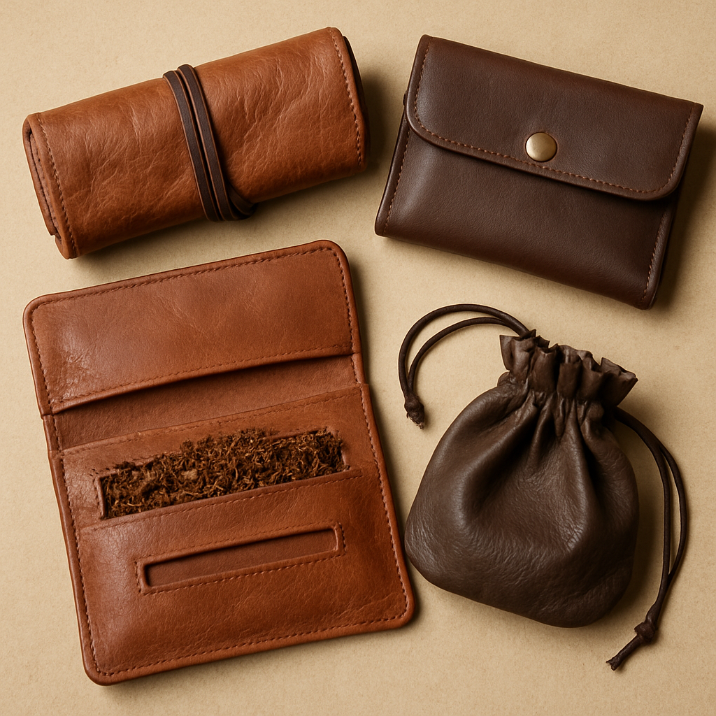 Image showing various types of leather tobacco bags including a roll bag and a pouch