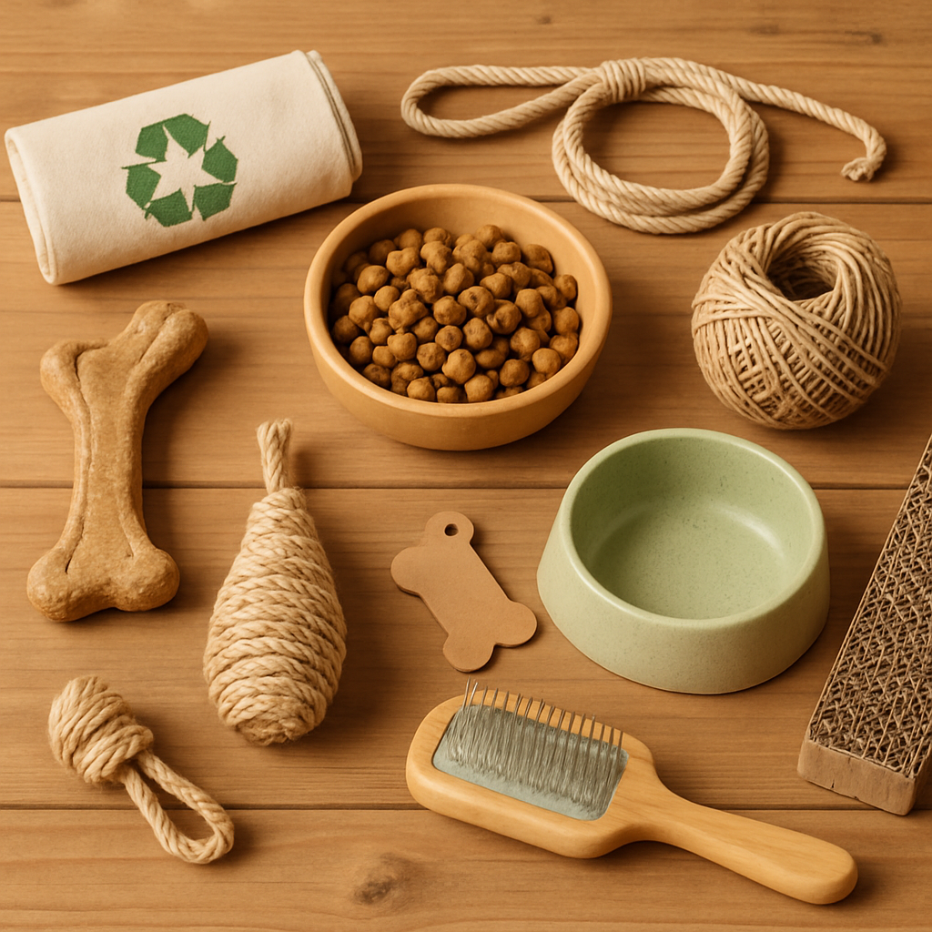 A variety of eco-friendly pet products displayed on a wooden table