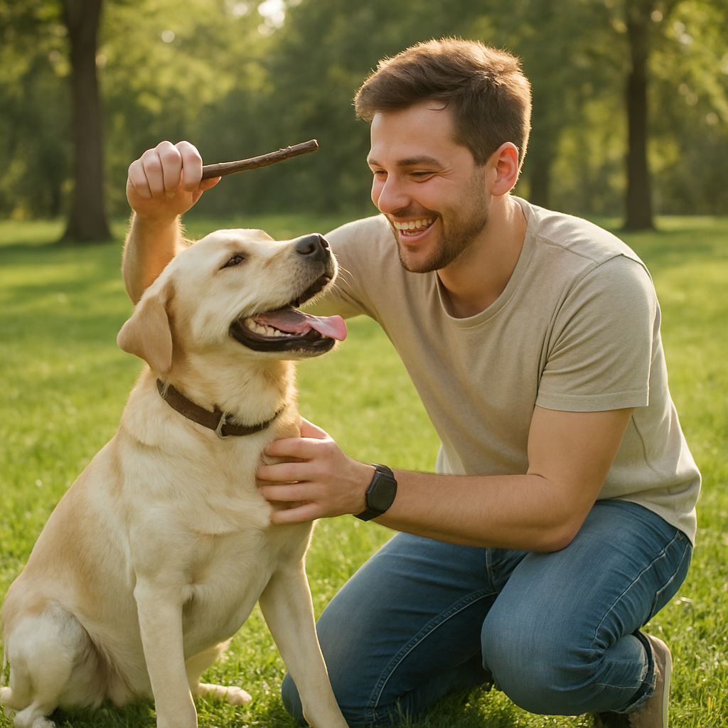 A pet owner playing with their happy dog in a lush green park