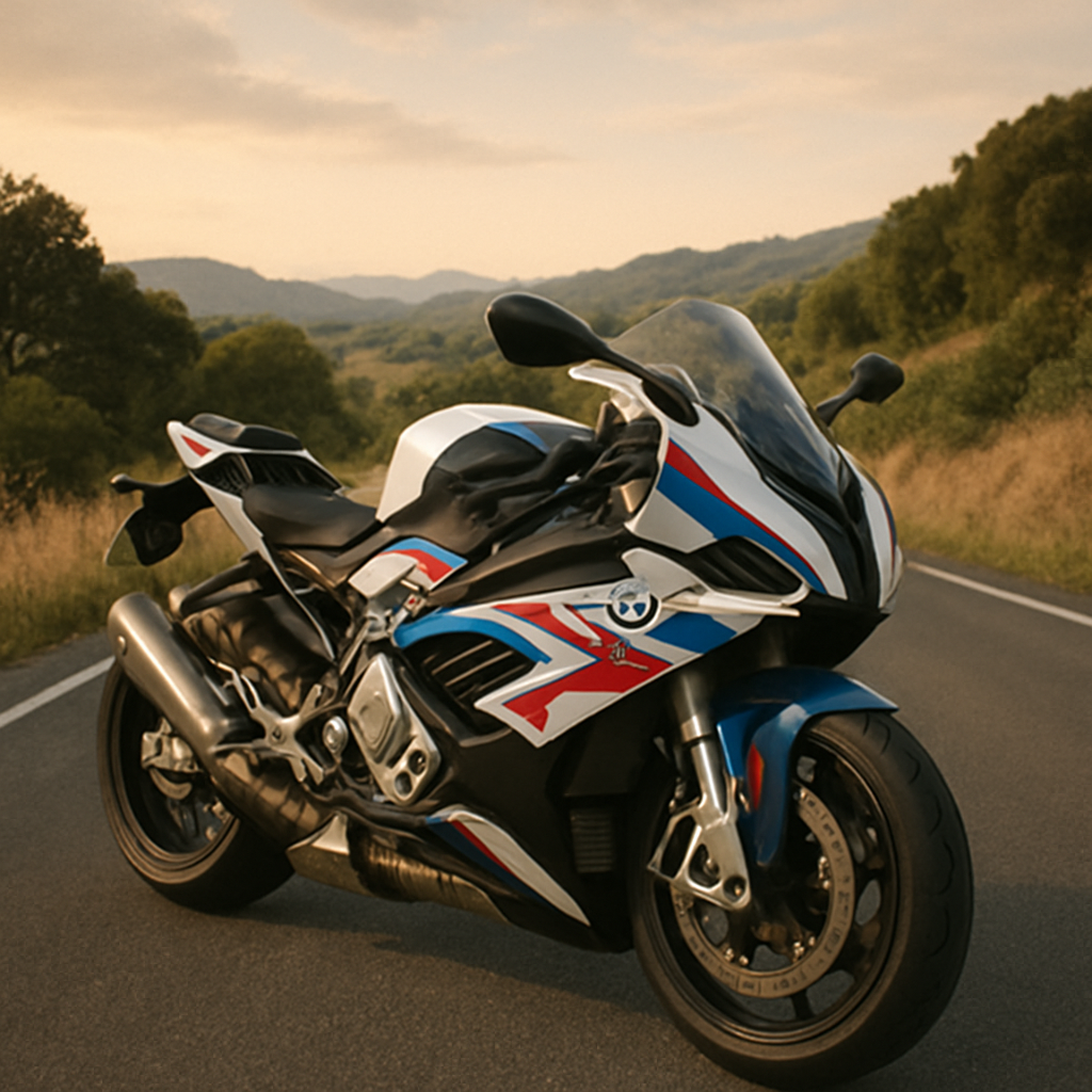 A sleek BMW S1000RR motorcycle on a scenic road