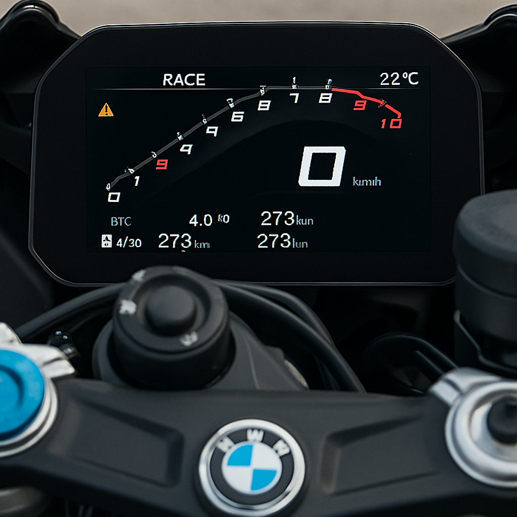 A close-up of the BMW S1000RR's digital dashboard