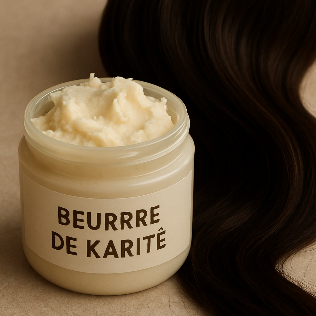 Un pot de beurre de karité avec des cheveux sains en arrière-plan