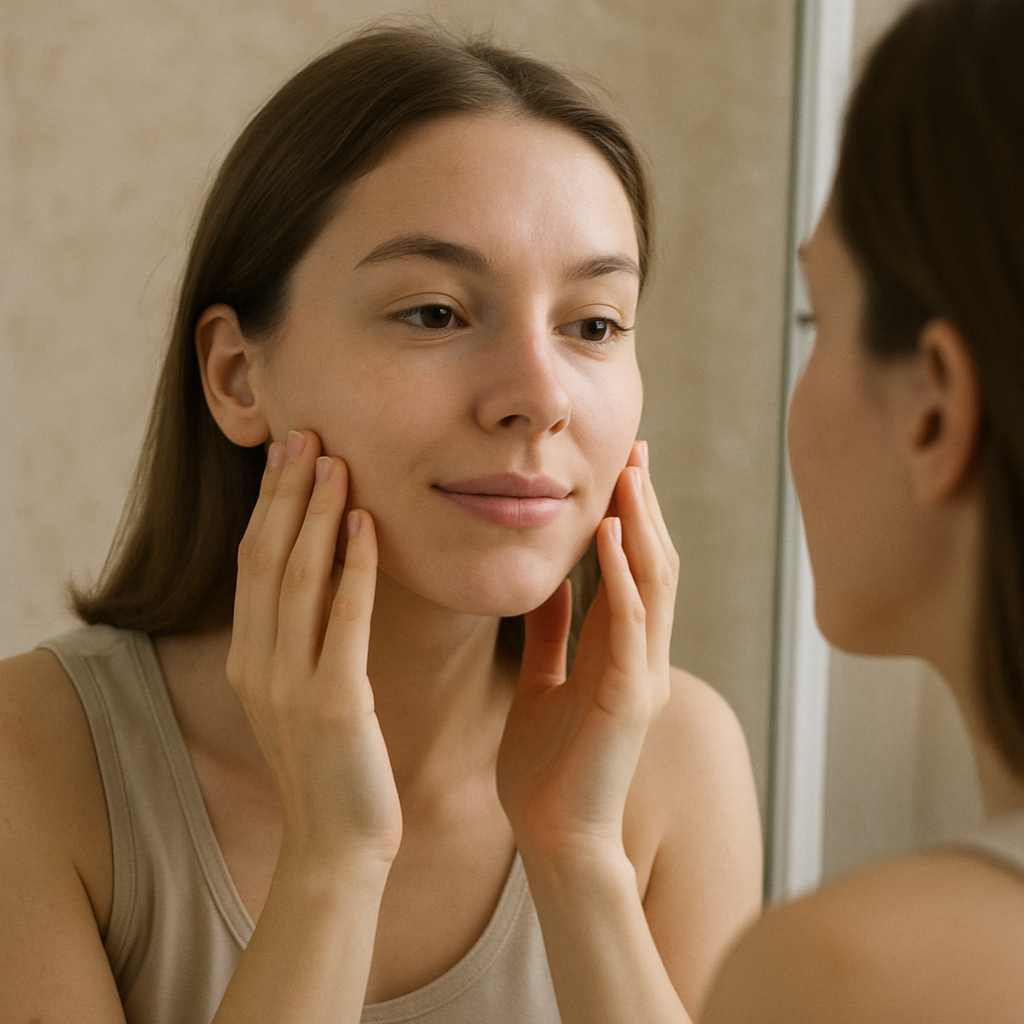 Person examining their clear skin in the mirror