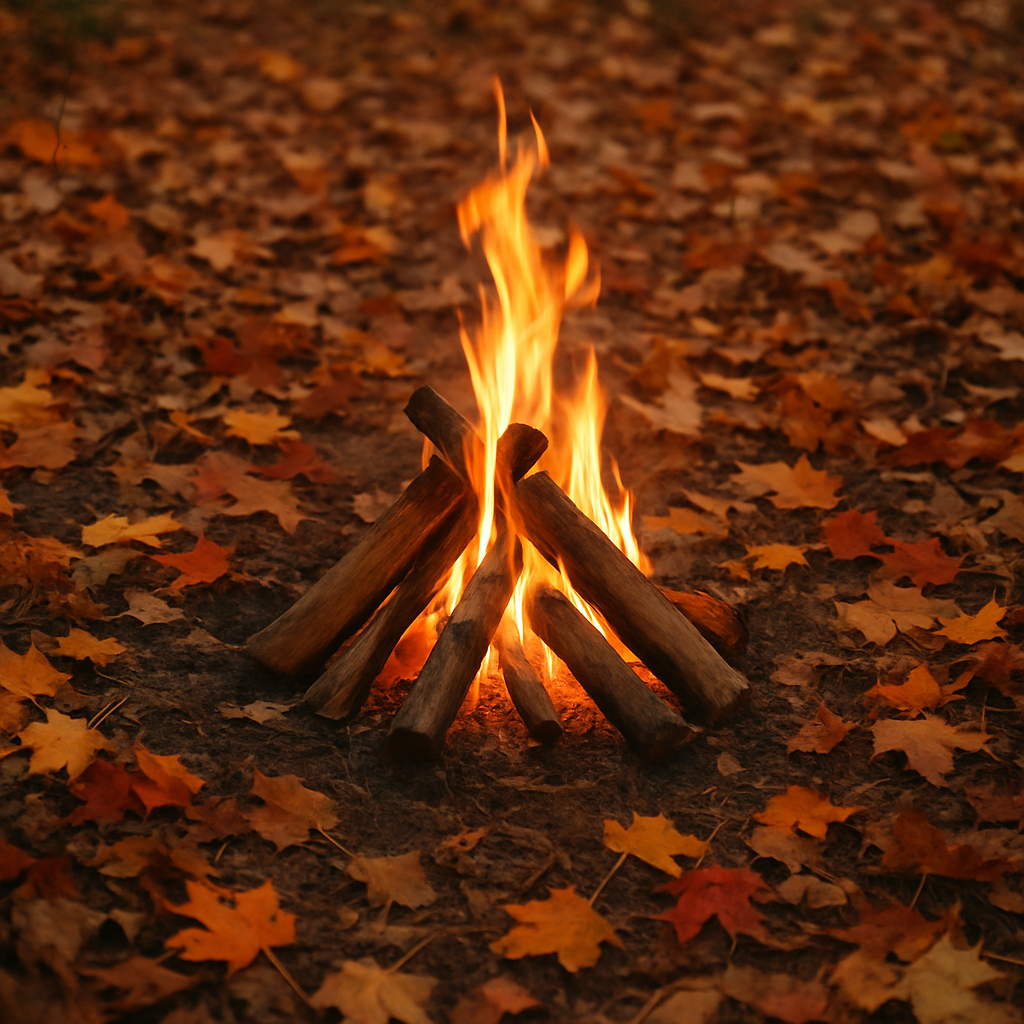 A cozy campfire surrounded by autumn leaves