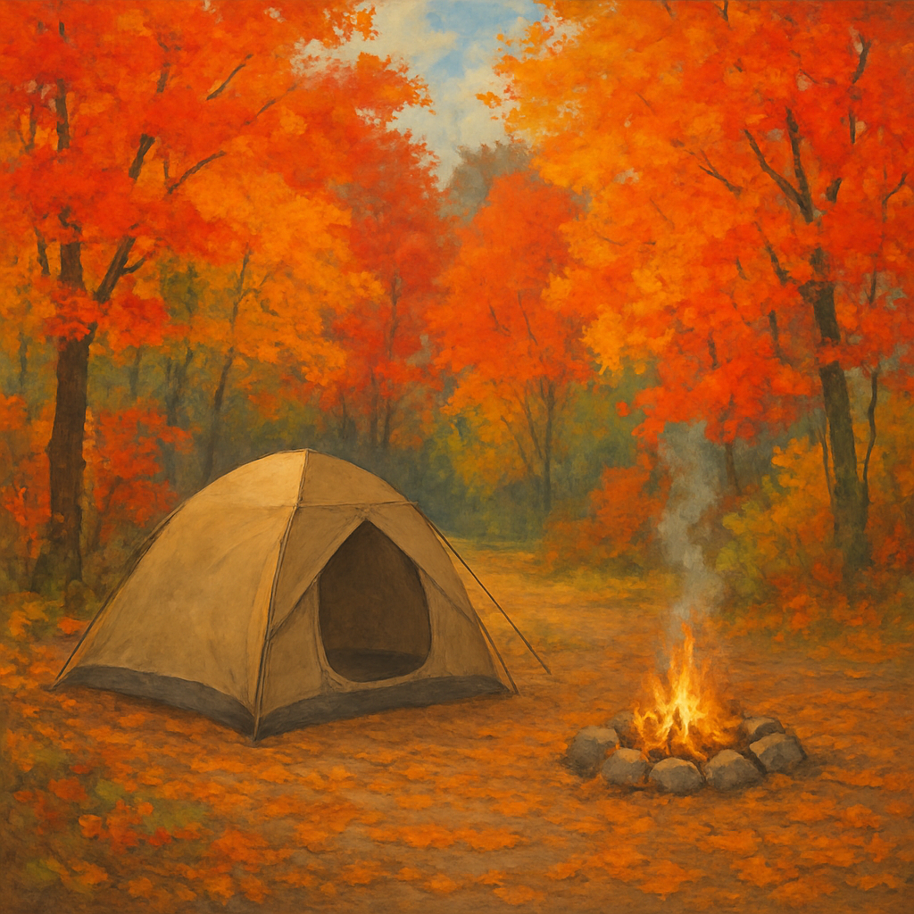 Campsite with colorful autumn leaves and a tent