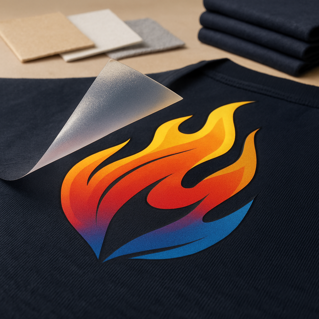 High-definition close-up of a DTF transfer showing crisp detail, vivid colors, and smooth gradients on a dark tee.