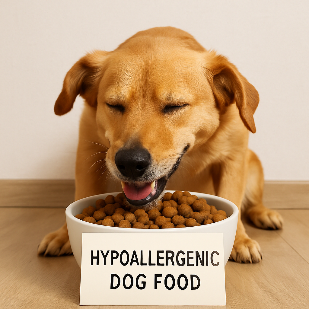 A happy dog enjoying a bowl of hypoallergenic dog food