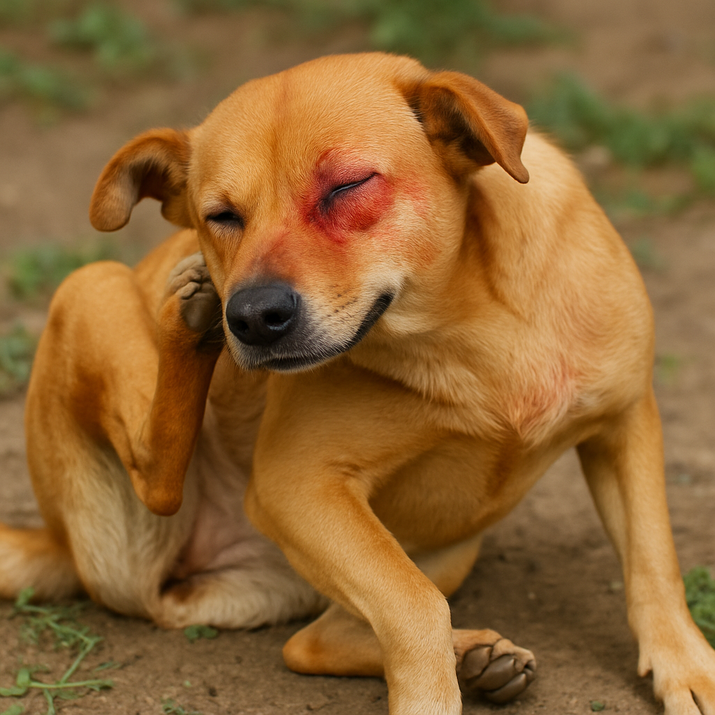 Dog experiencing allergy symptoms like itching and redness