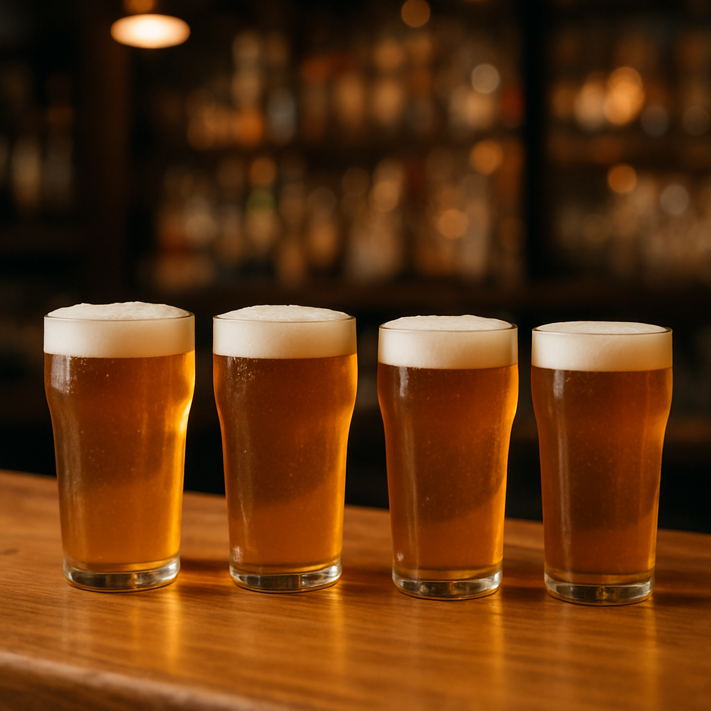 Glasses of beer on a bar counter