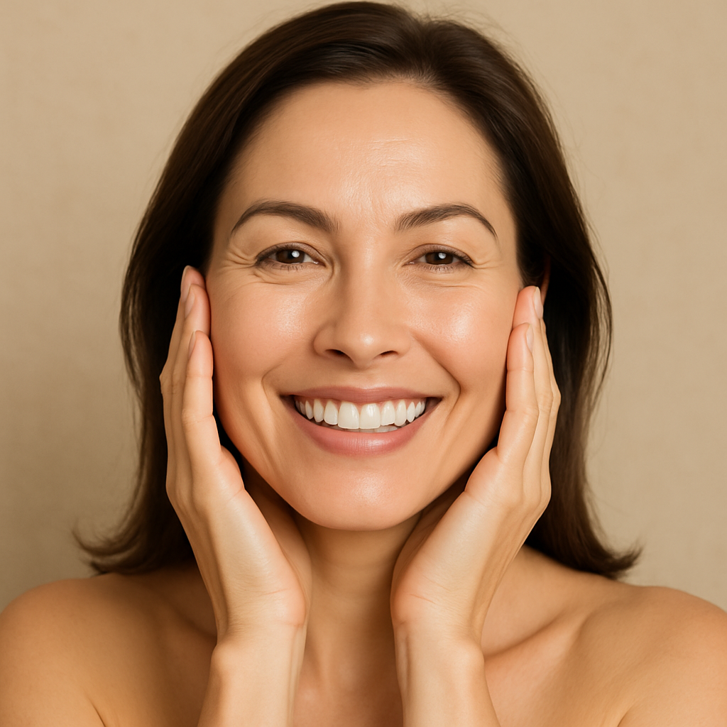 Mujer feliz mostrando su piel rejuvenecida