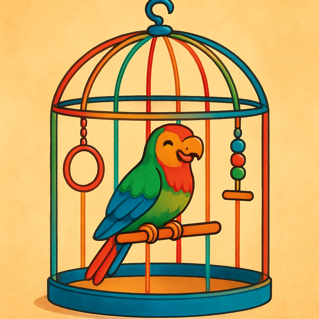 A colorful large bird cage with a happy parrot inside