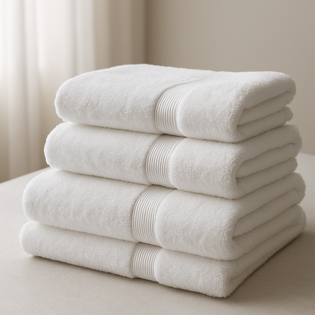 A stack of luxurious white hotel towels neatly arranged