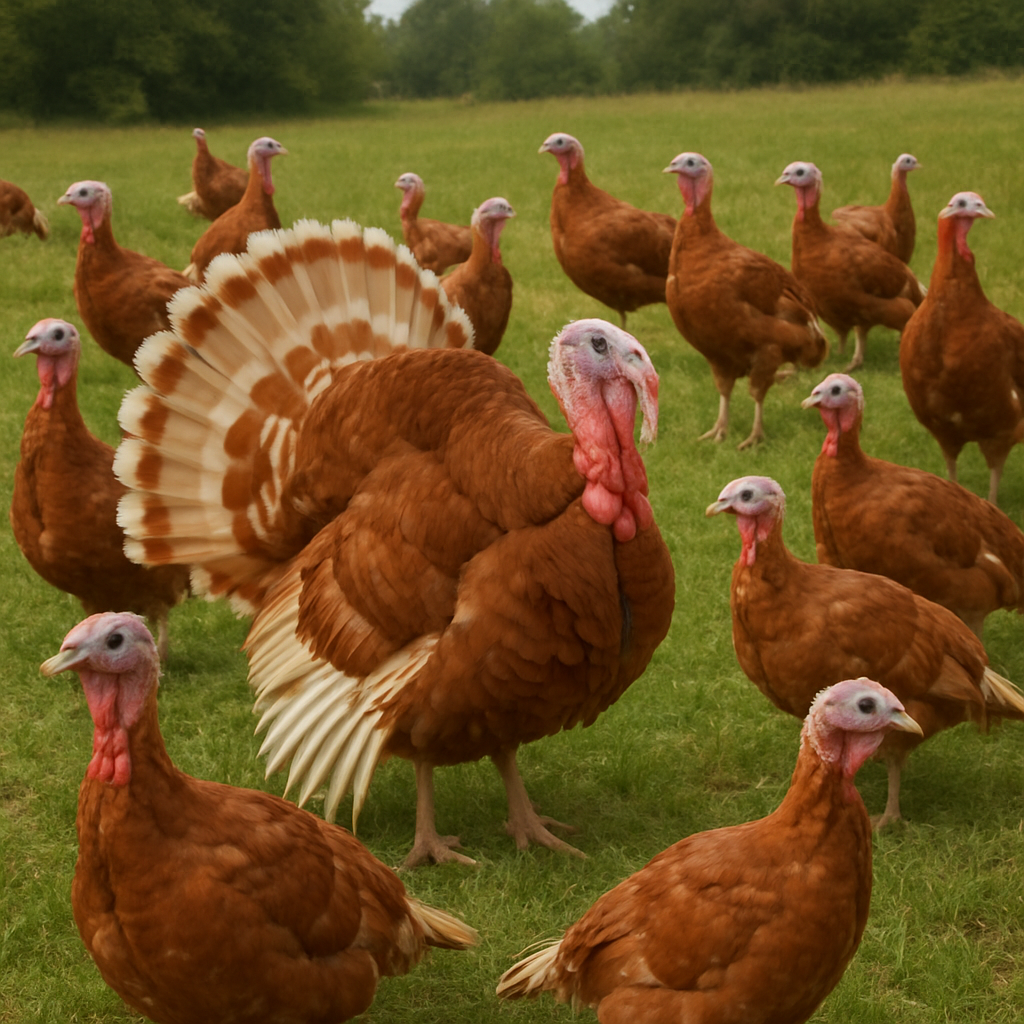 A flock of Red Bourbon Turkeys in a field