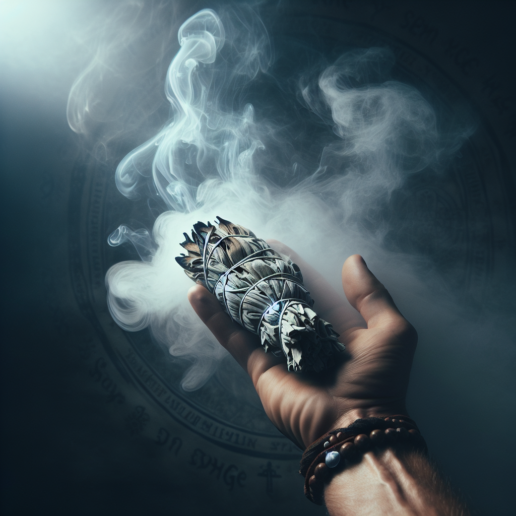 Man's hand holding sage. Smoke from sage fills up space. Dark background.