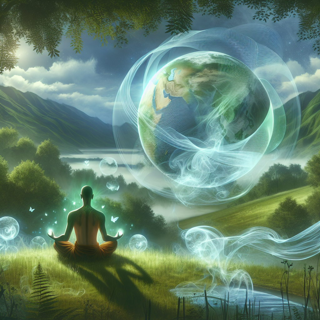 The man is meditating outside in the lotus pose. The Earth globe is to the right of him, and in front of him are river and mountains.