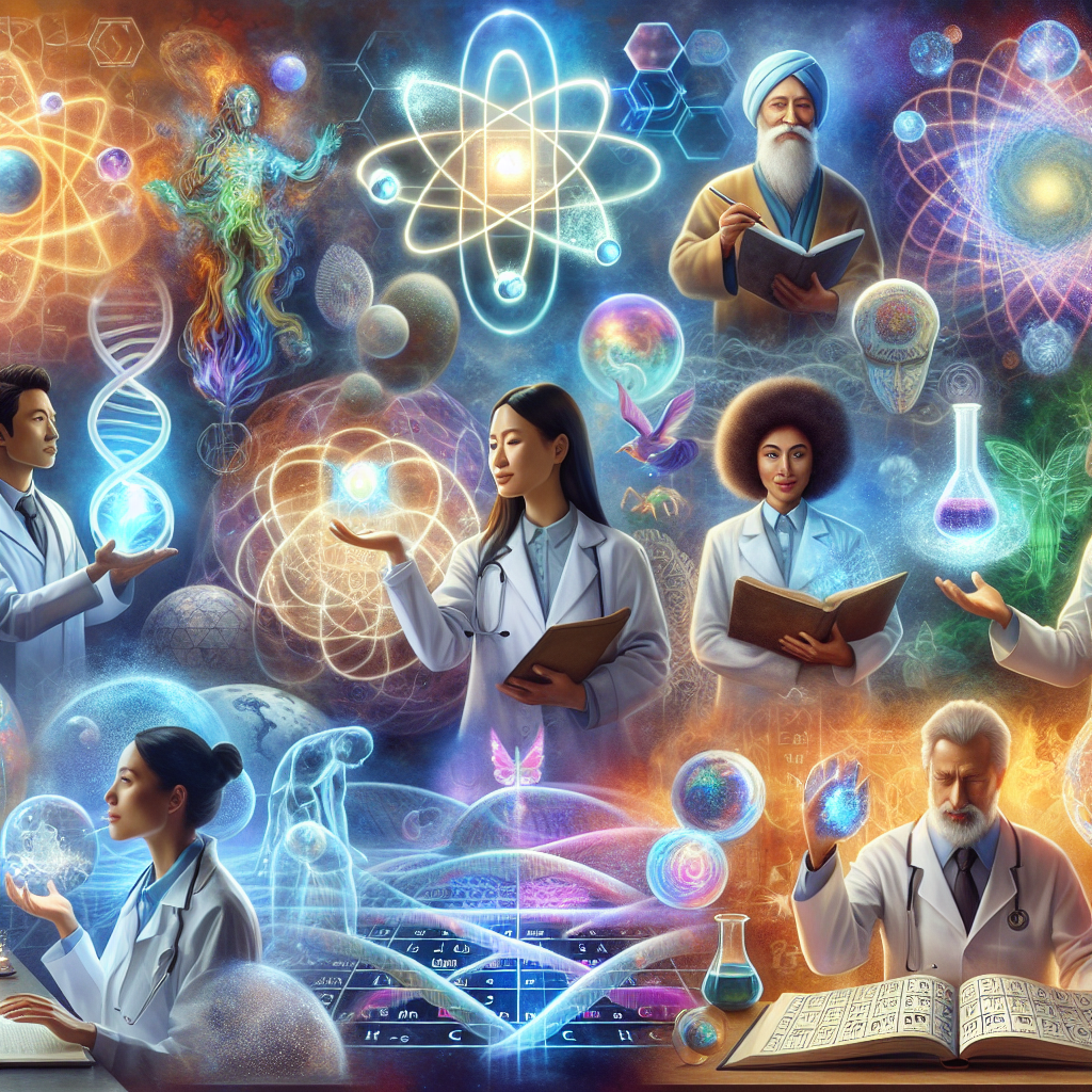 Scientists scattered throughout the picture in white robes, some are holding books, some are holding some types of orbs.  Different symbols scattered throughout the picture, such as orbs.