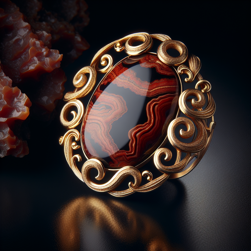 Yellow gold brooch made of red jasper on a black background.