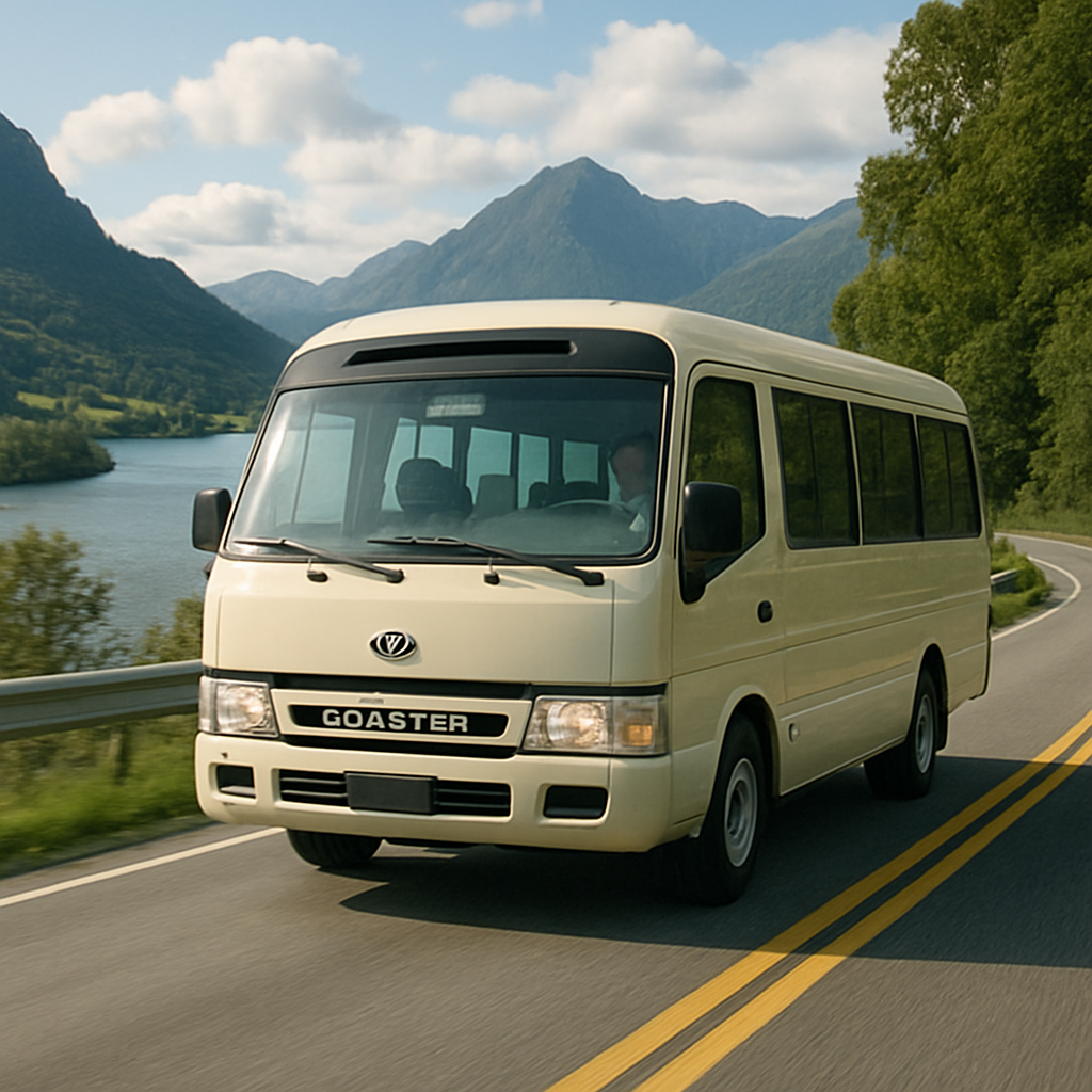 Toyota Coaster on a scenic road