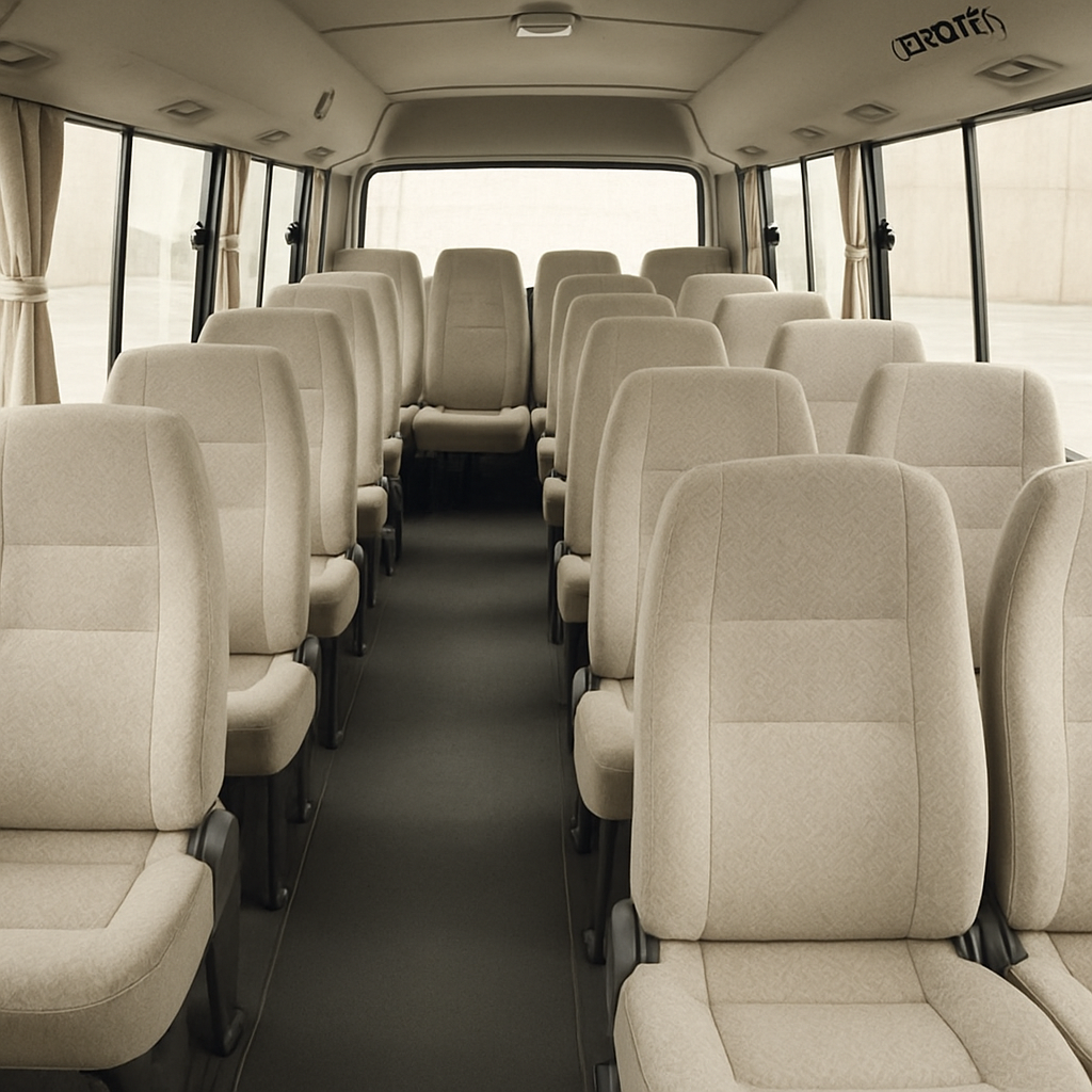 Interior view of Toyota Coaster seating arrangement