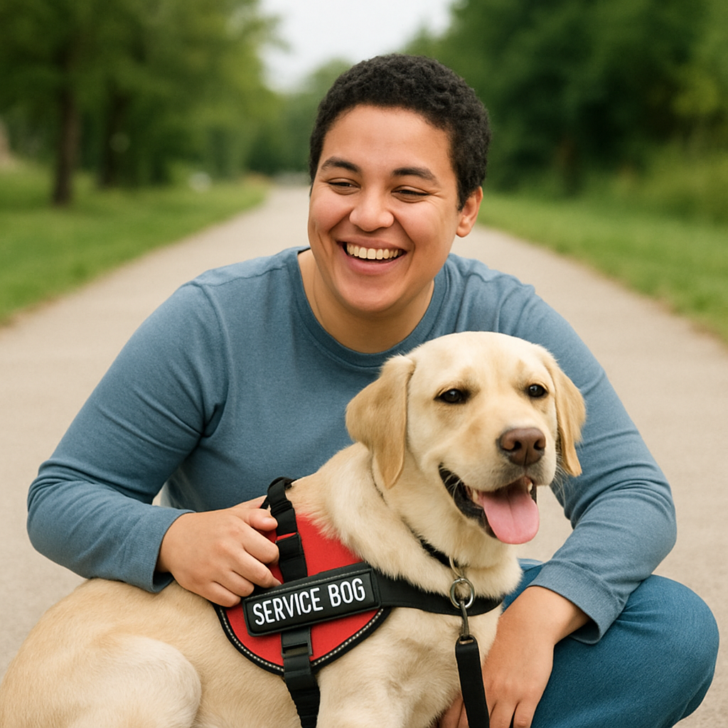 A happy individual with their service dog enjoying a day out