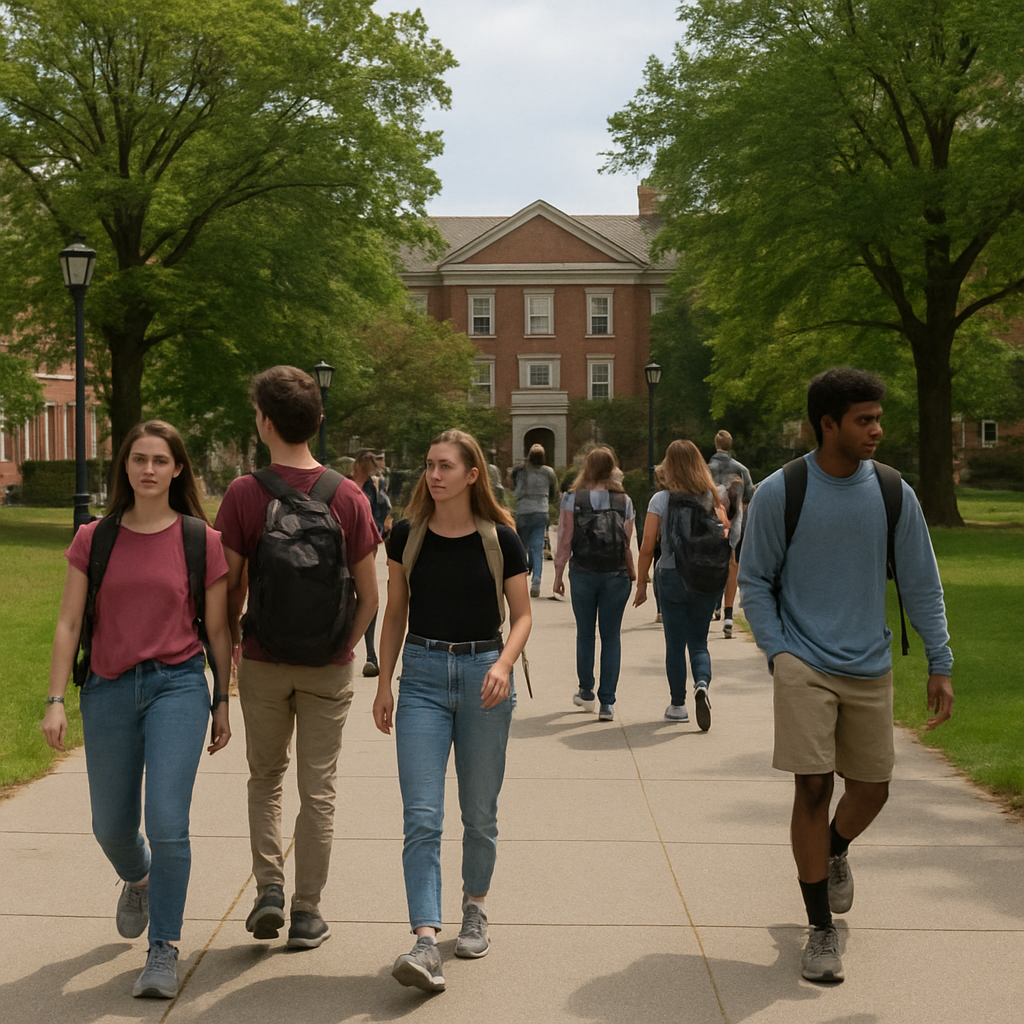 college campus with students walking