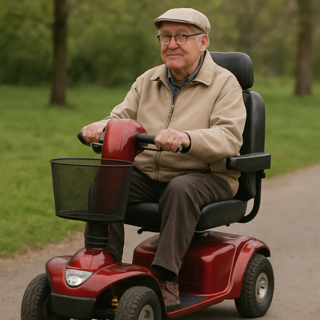 A senior citizen using a mobility scooter outdoors