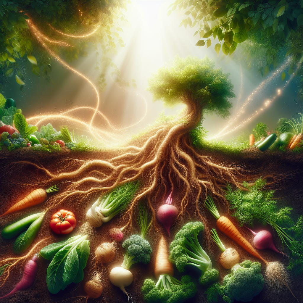 Vegetables growing in the ground. The roots of the small tree being visible in the ground. The light of the Sun shining on the tree.