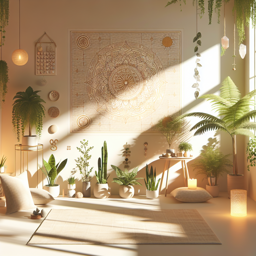 A room with beige decor with mandala picture on a wall. There are many house plants by the wall.