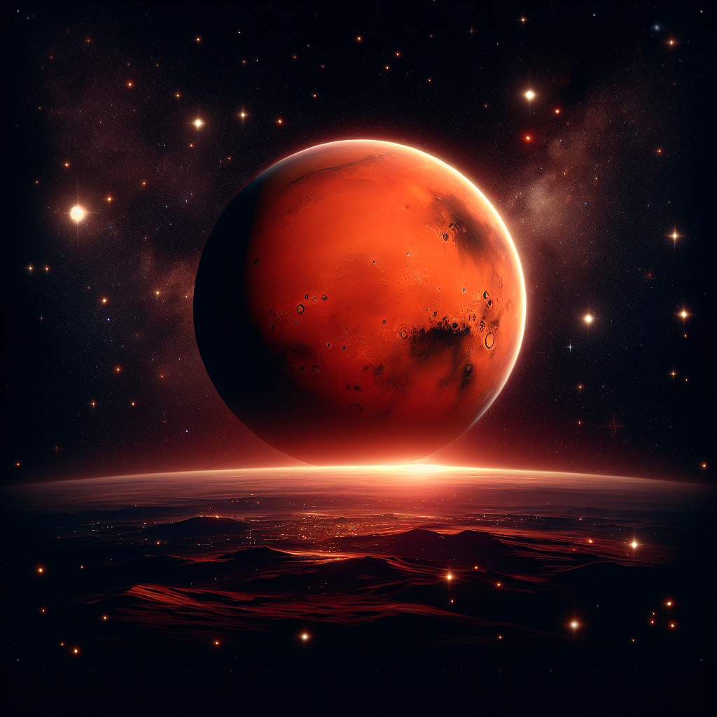 The close up of planet Mars. Mars is portrayed in bright red colour rising above black land.
The background is black with stars.