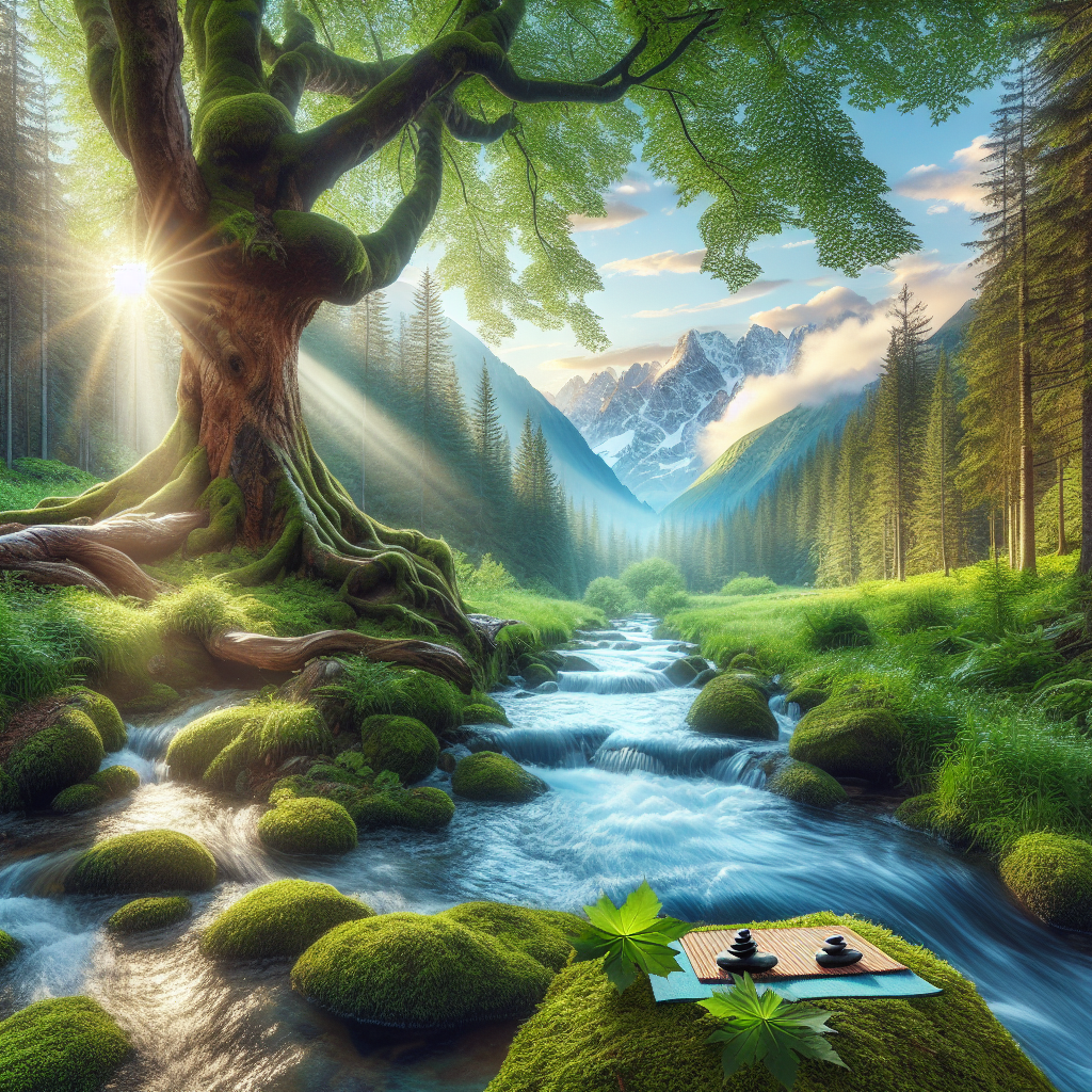 A big tree, a stream of water running by it. A small mat laying in the front of the picture supported by the stones.