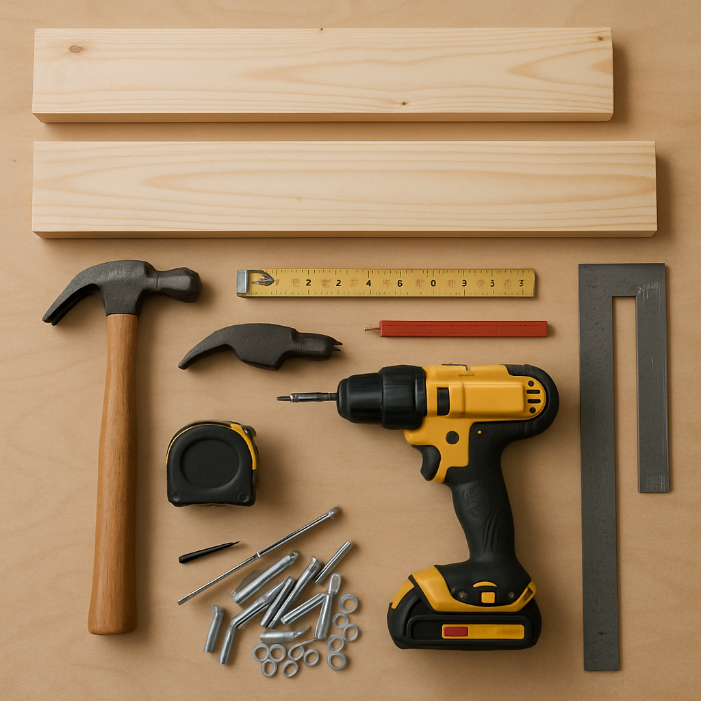 Woodworking tools and materials for bed assembly