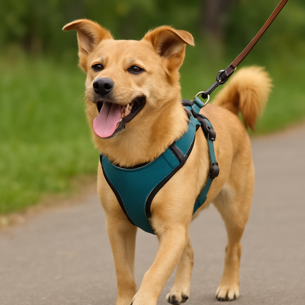 A happy dog wearing a comfortable and stylish harness on a walk