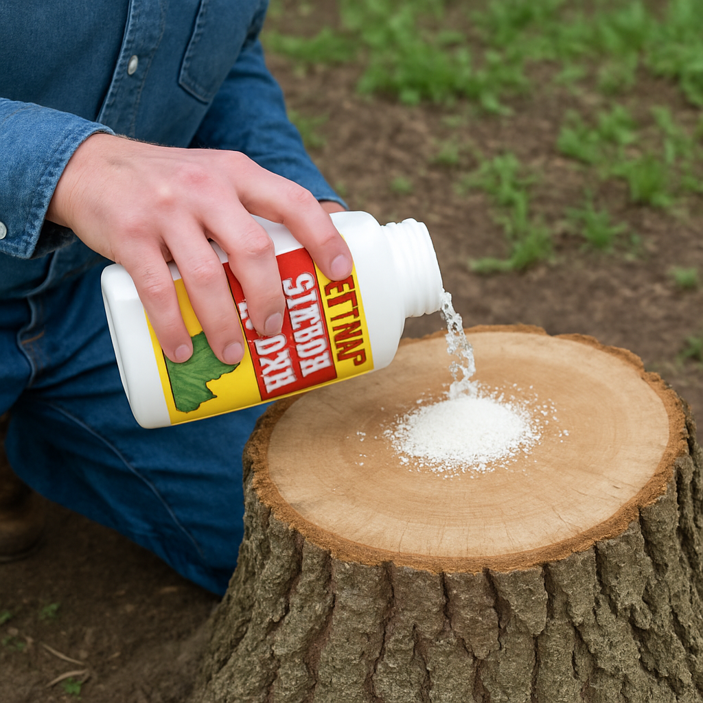 person applying stump remover to a tree stump