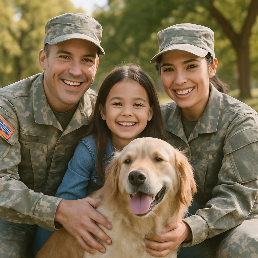 A happy military family with their pet dog enjoying time together