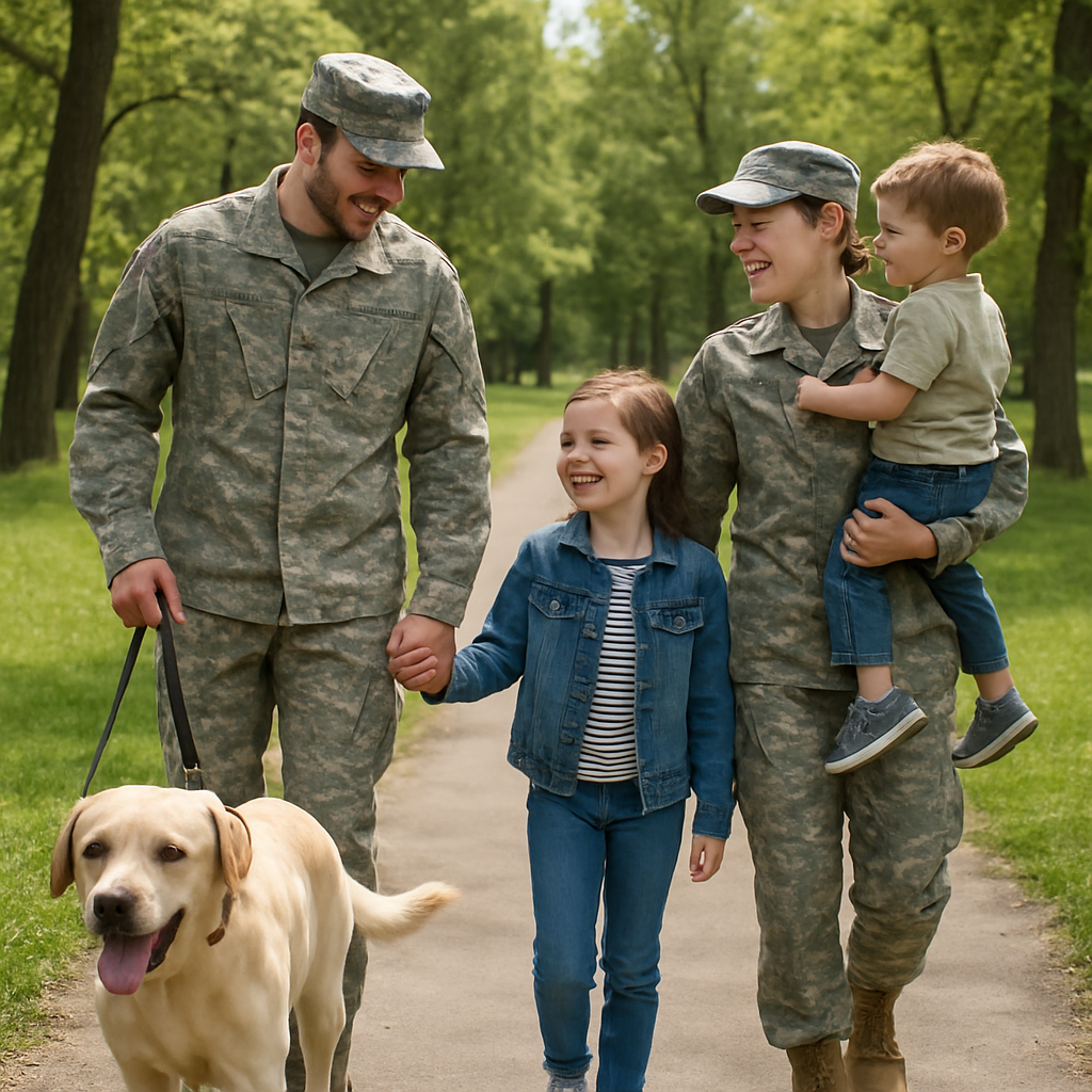 A military family enjoying a walk in the park with their dog
