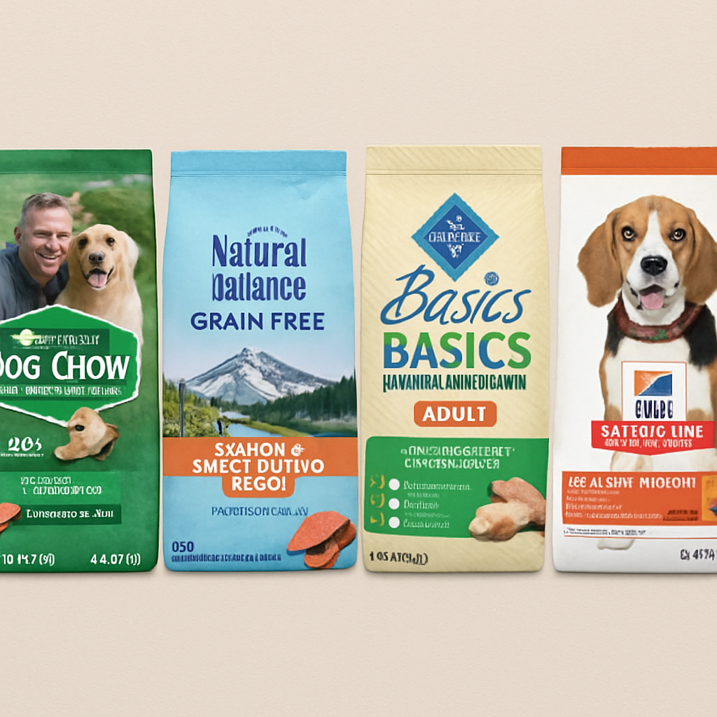 A variety of 6lb dog food options with detailed labels