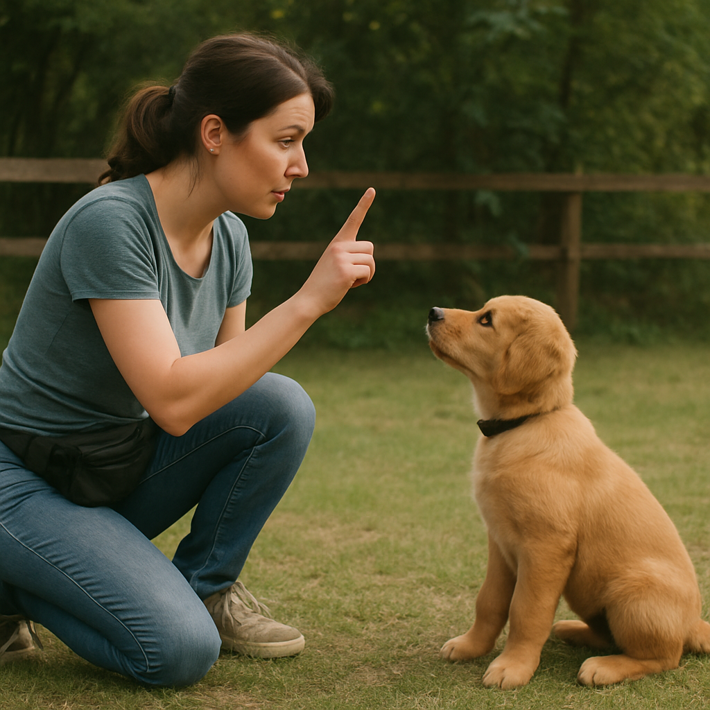 dog trainer teaching a puppy